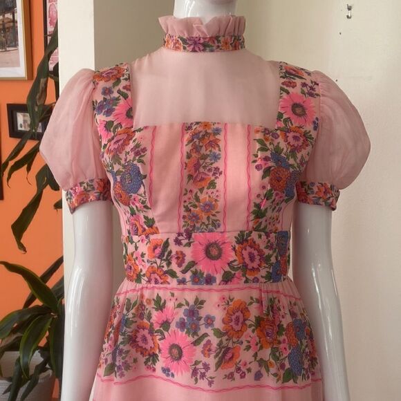 Vintage Pink Floral Victorian Style High Neck Maxi Dress Size Small - Picture 3 of 16
